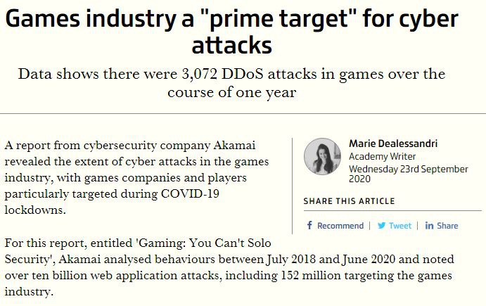 游戏玩家成目标 过去一年受到3072次DDoS攻击